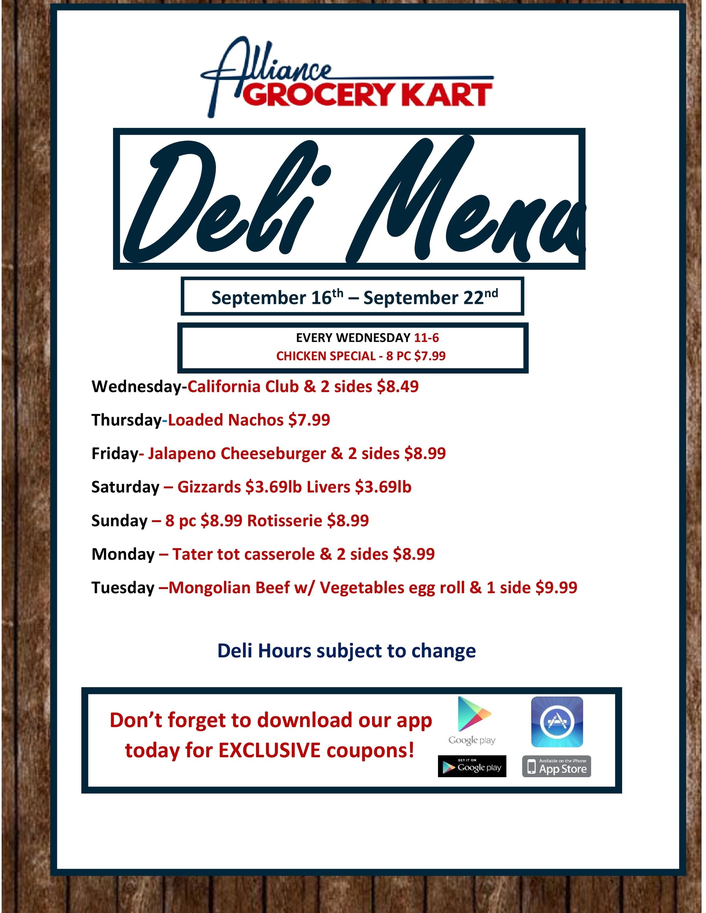 Alliance Grocery Kart Deli Menu Weekly Ad September 16 - 22, 2026