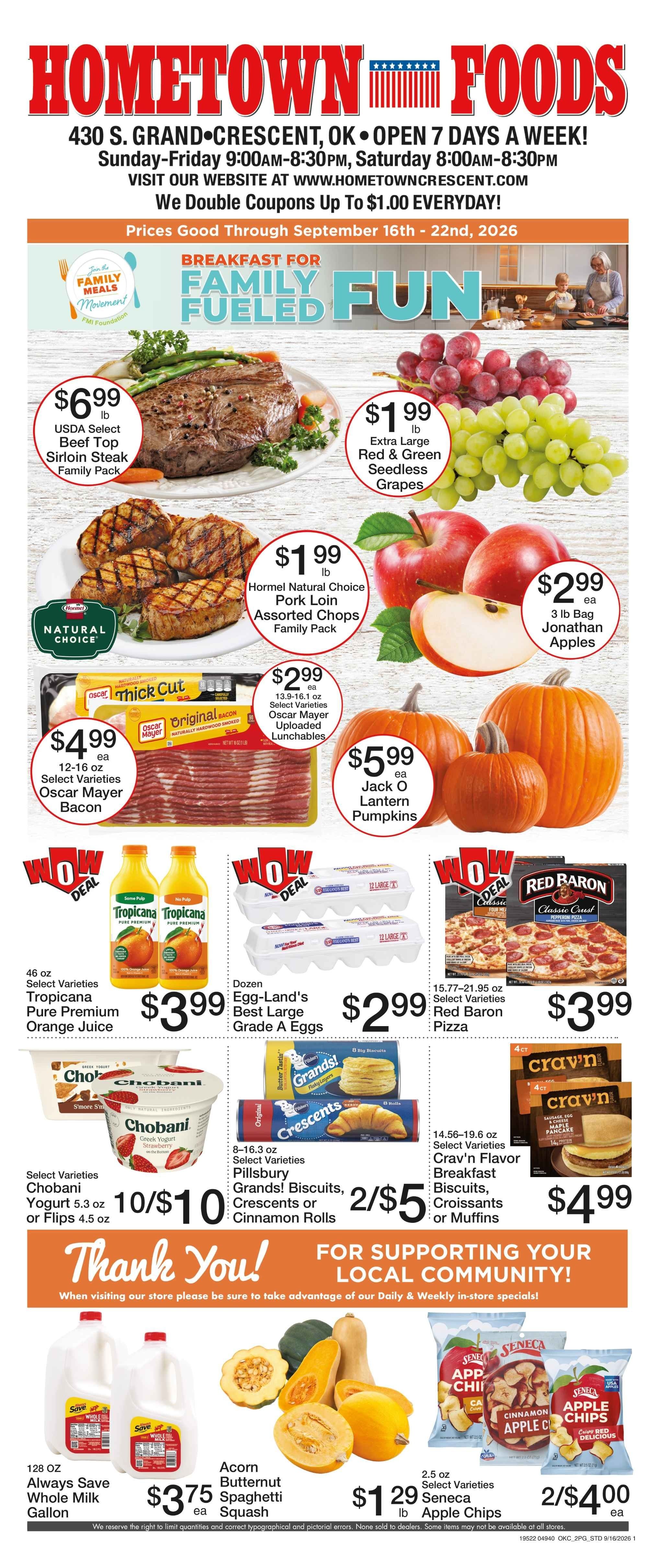 Hometown Foods Crescent Come Save With Us! Weekly Ad September 16 - 22, 2026