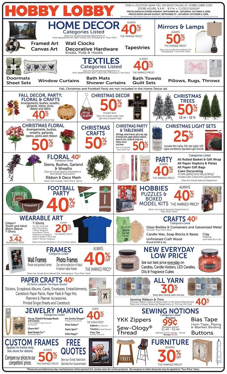 Hobby Lobby Weekly Ad September 27 - October 3, 2026