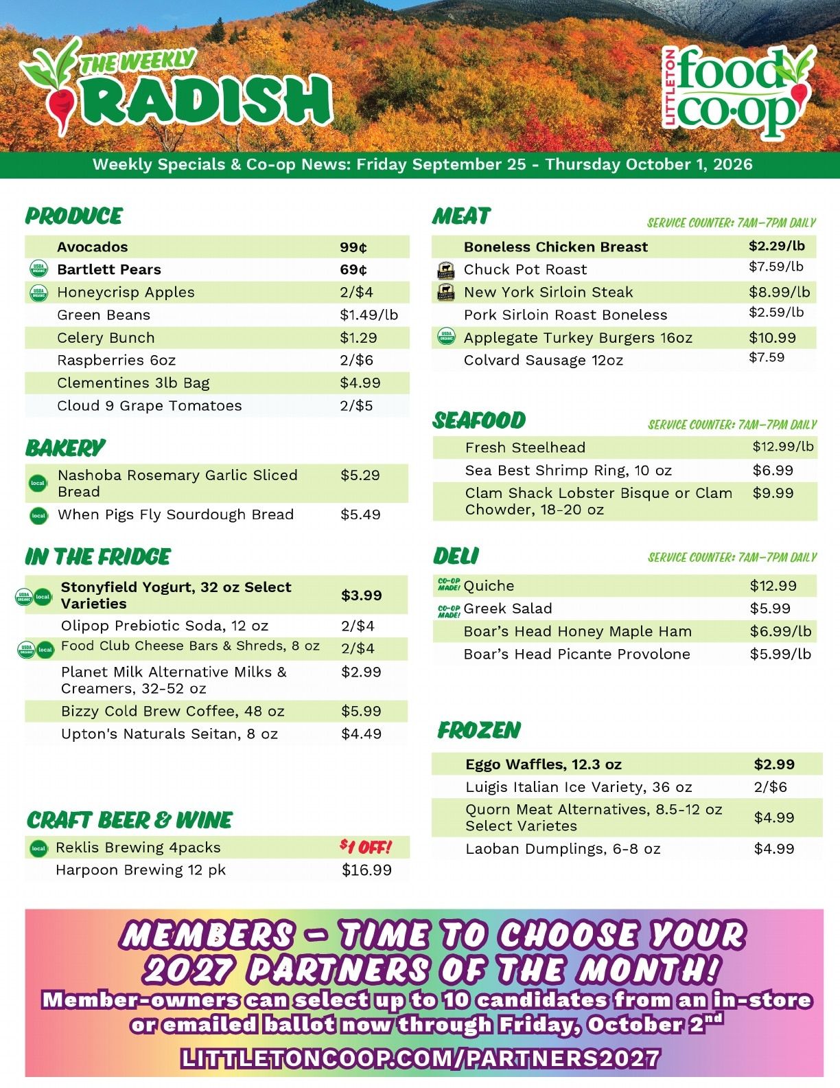 Littleton Food Co-op Weekly Radish Weekly Ad September 25 - October 1, 2026