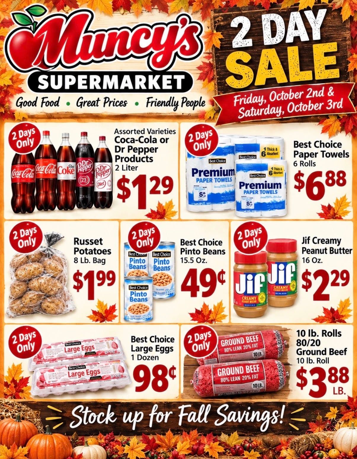 Muncy's Supermarket 2 DAY Fall Stockup SALE Weekly Ad October 2 - 3, 2026