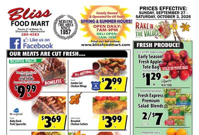 Bliss Shur Fine Food Mart Weekly Ad September 27 - October 3, 2026