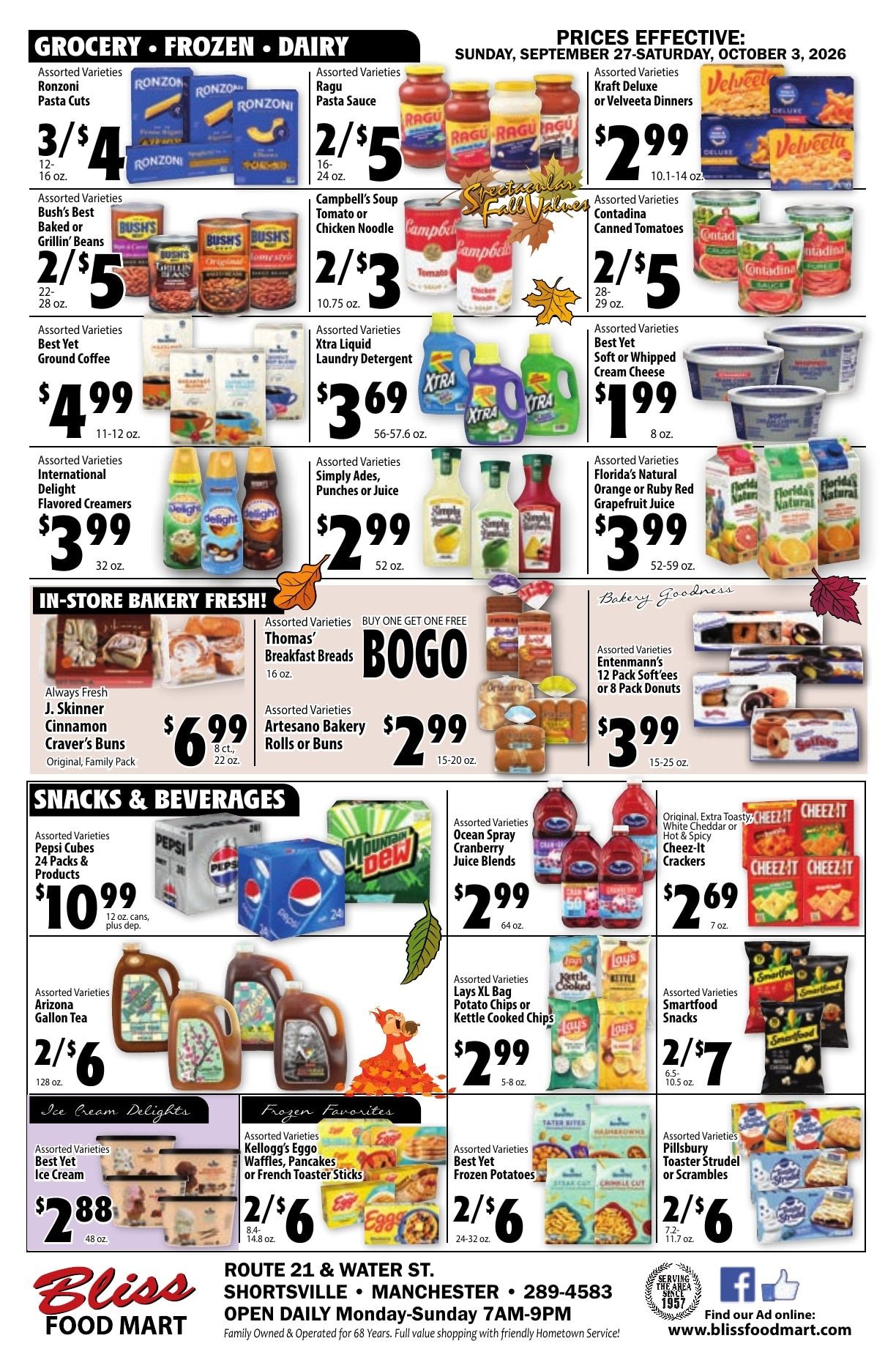 Bliss Shur Fine Food Mart Weekly Ad September 27 - October 3, 2026