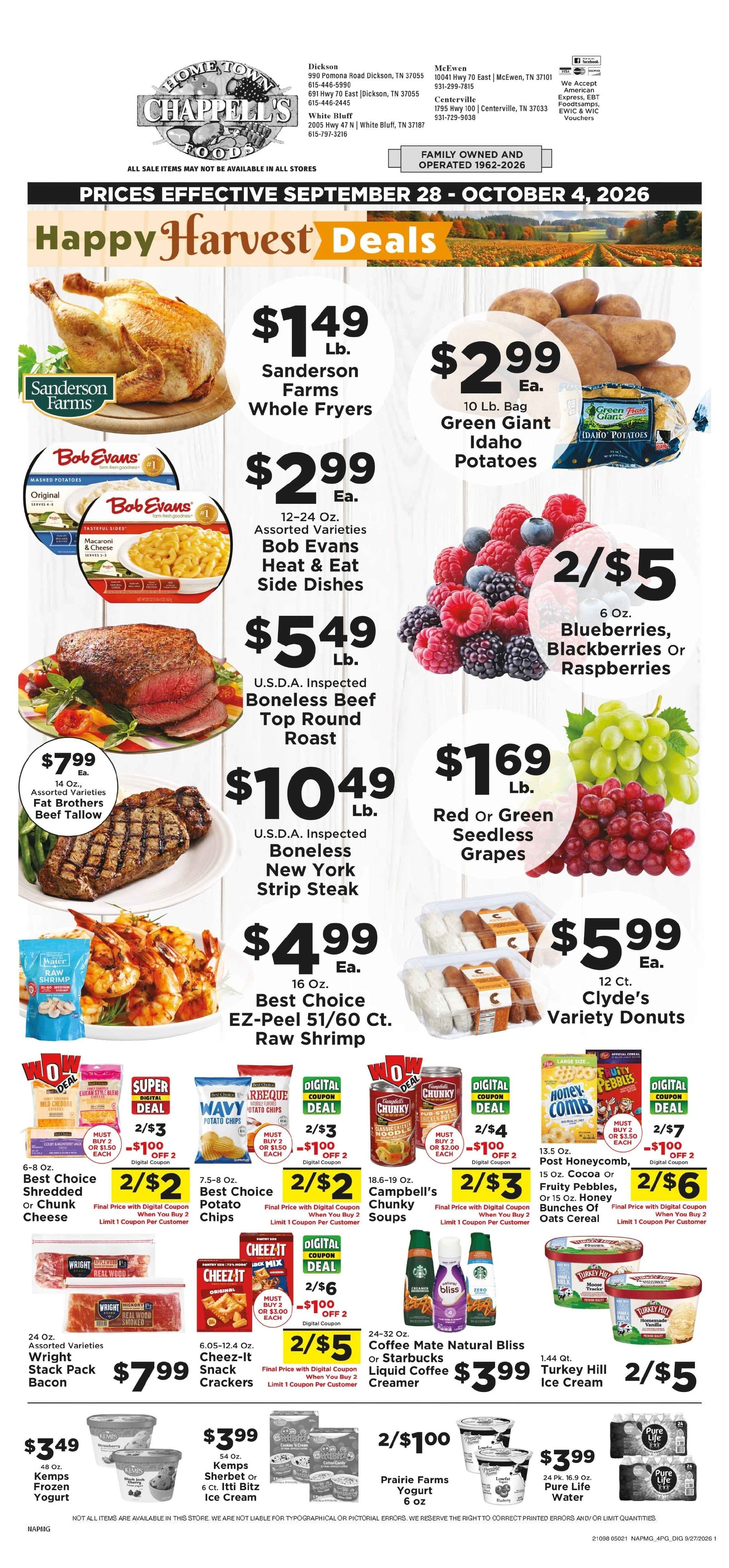 Chappell's Hometown Foods Weekly Ad September 28 - October 4, 2026
