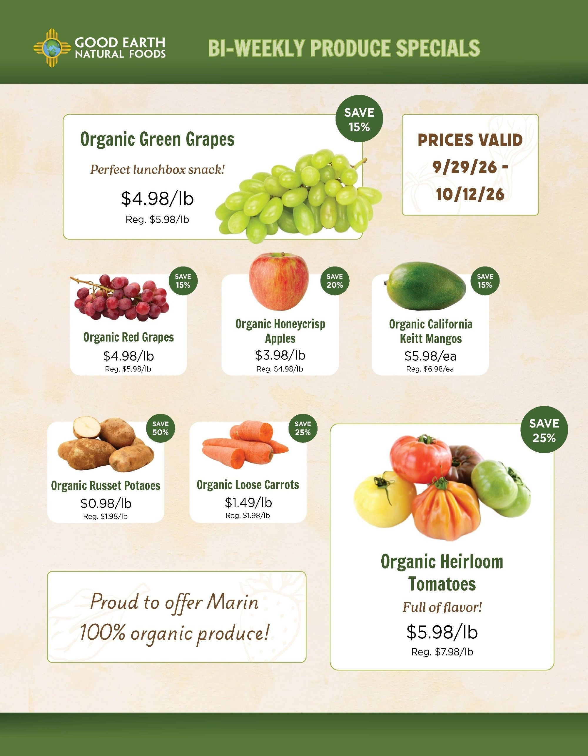 Good Earth Natural Foods Produce Specials Weekly Ad September 29 - October 12, 2026