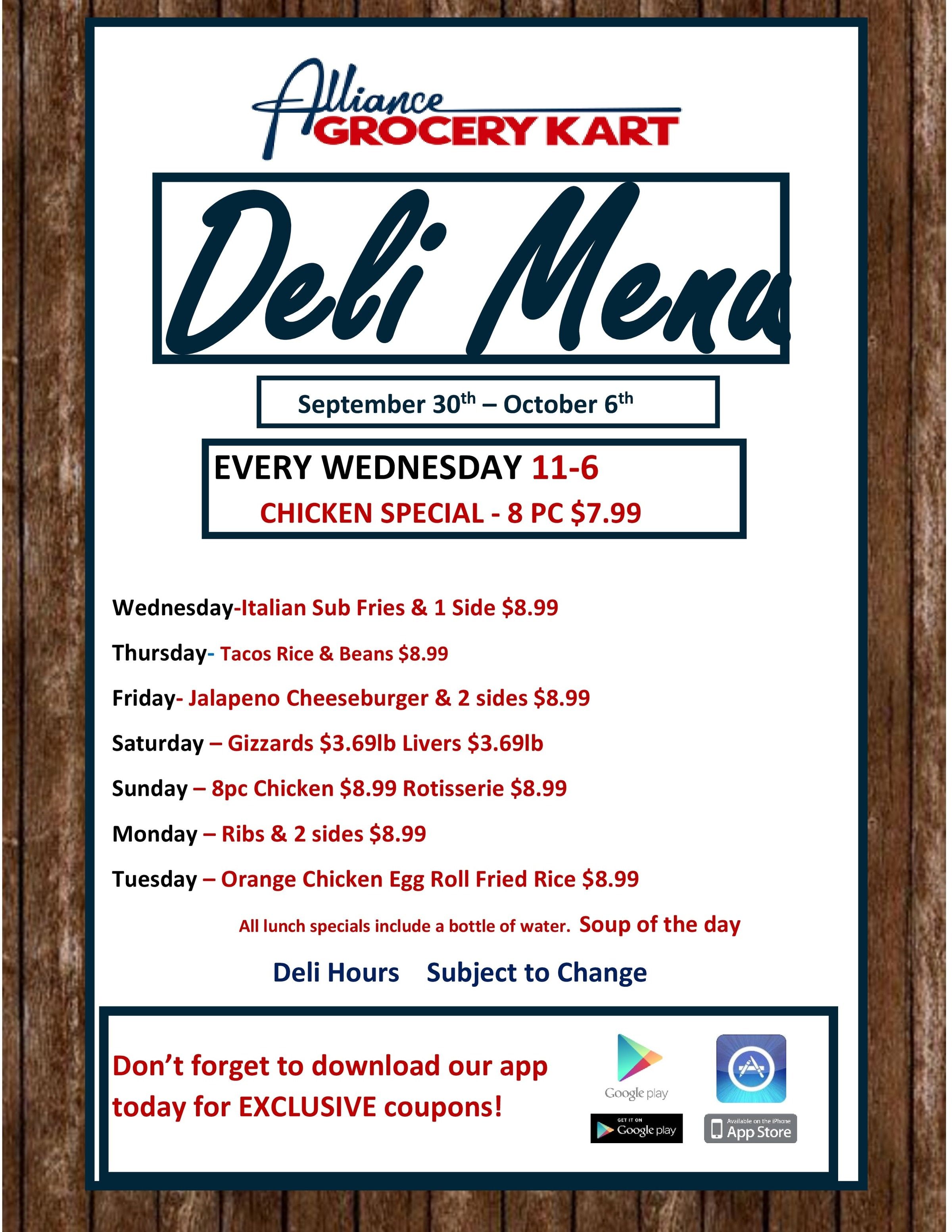 Alliance Grocery Kart Deli Menu Weekly Ad September 30 - October 6, 2026
