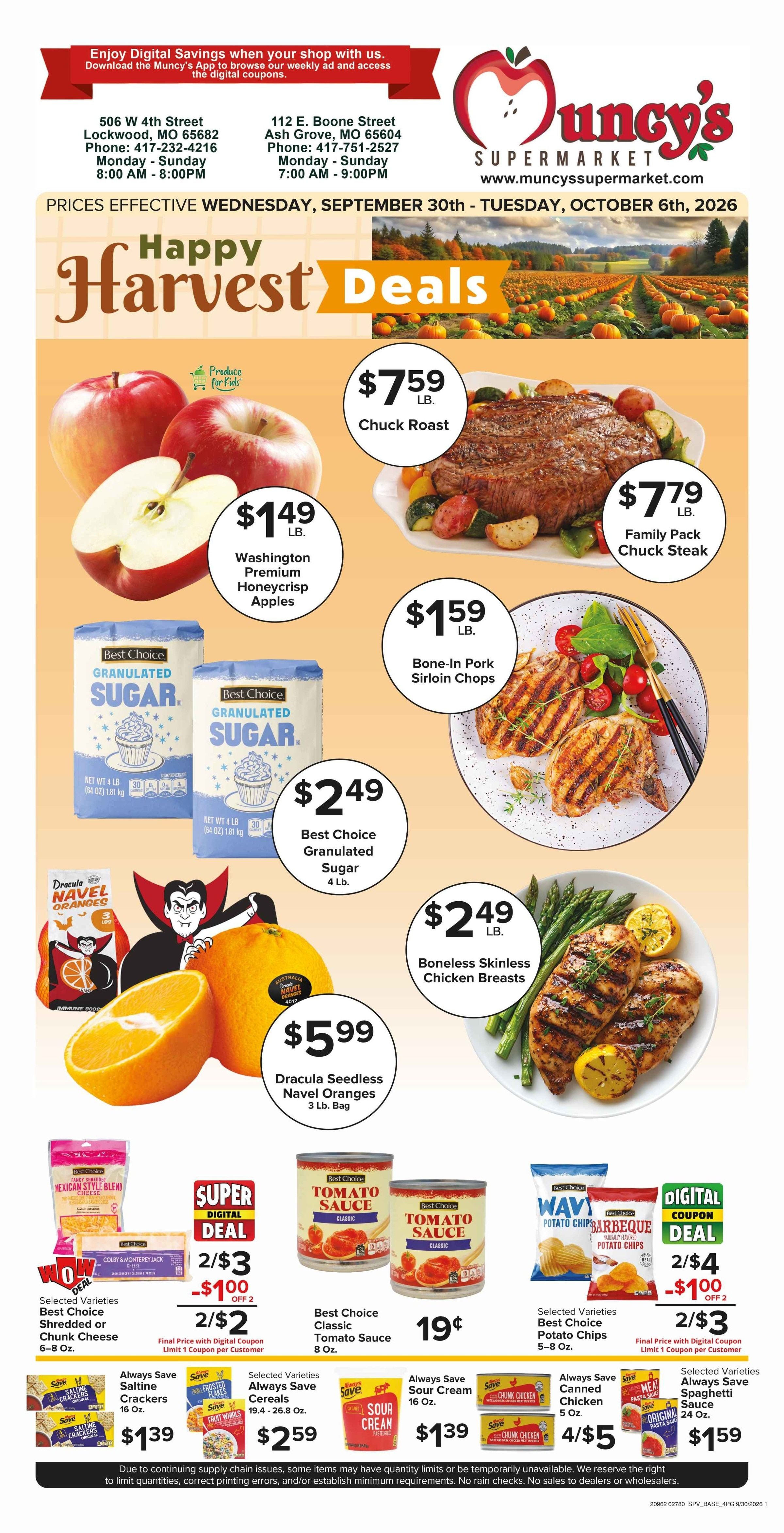 Muncy's Supermarket Happy Harvest Deals Weekly Ad September 30 - October 6, 2026