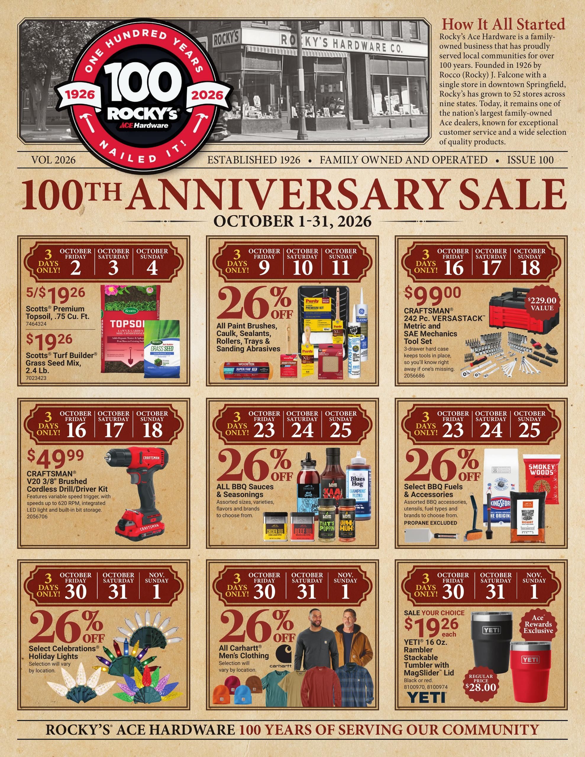Ace Hardware (Ansonia Area, CT) Rocky's 100th Anniversary Event Weekly Ad October 1 - 31, 2026