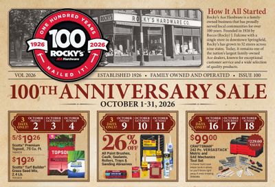 Ace Hardware (Ansonia Area, CT) Rocky's 100th Anniversary Event Weekly Ad October 1 - 31, 2026