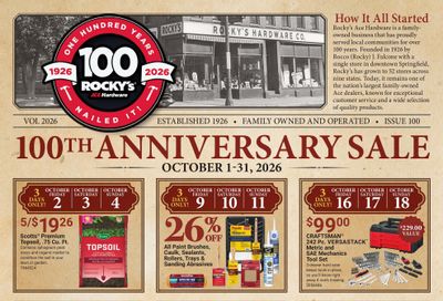 Ace Hardware (Boca Raton Area, FL) Rocky's 100th Anniversary Event Weekly Ad October 1 - 31, 2026