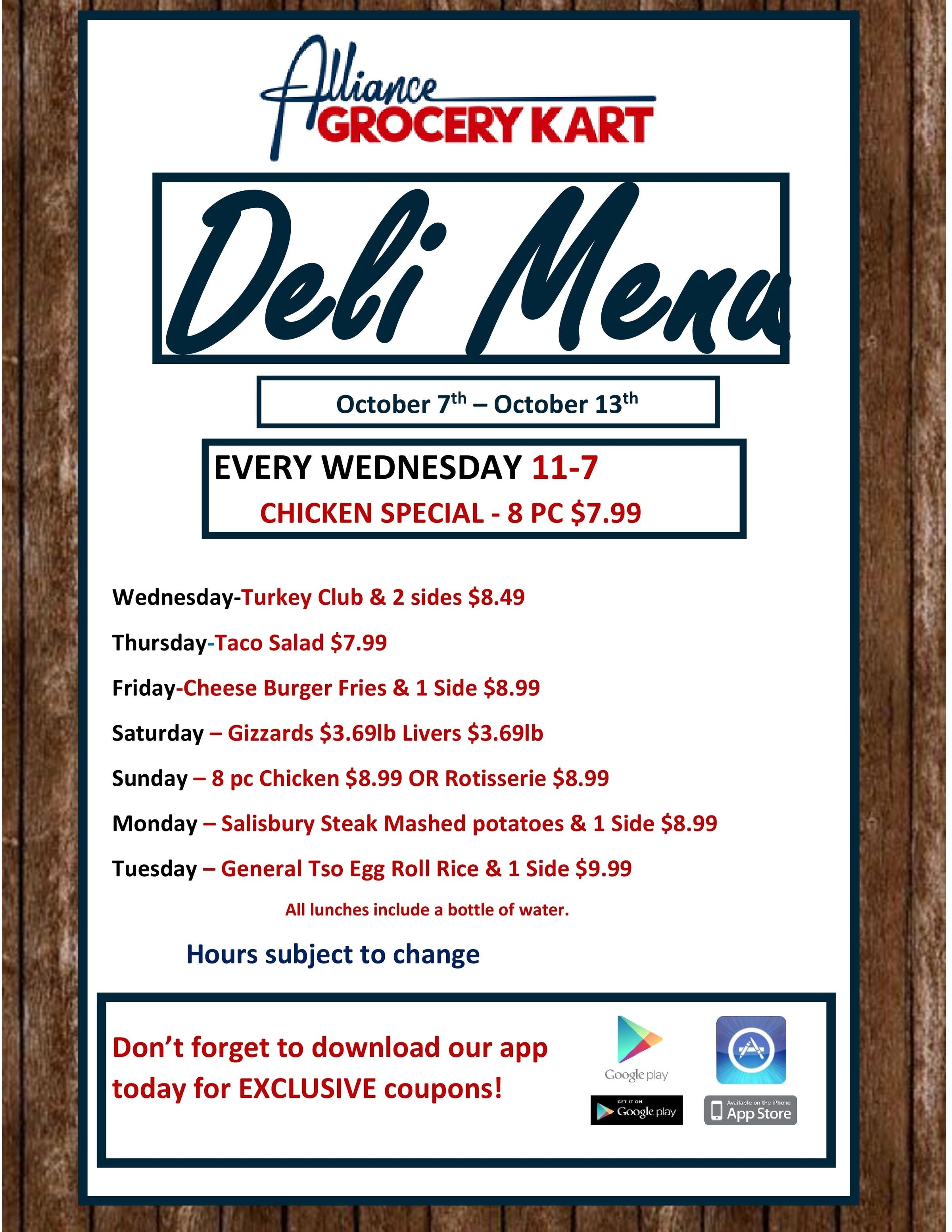 Alliance Grocery Kart Deli Menu Weekly Ad October 7 - 13, 2026