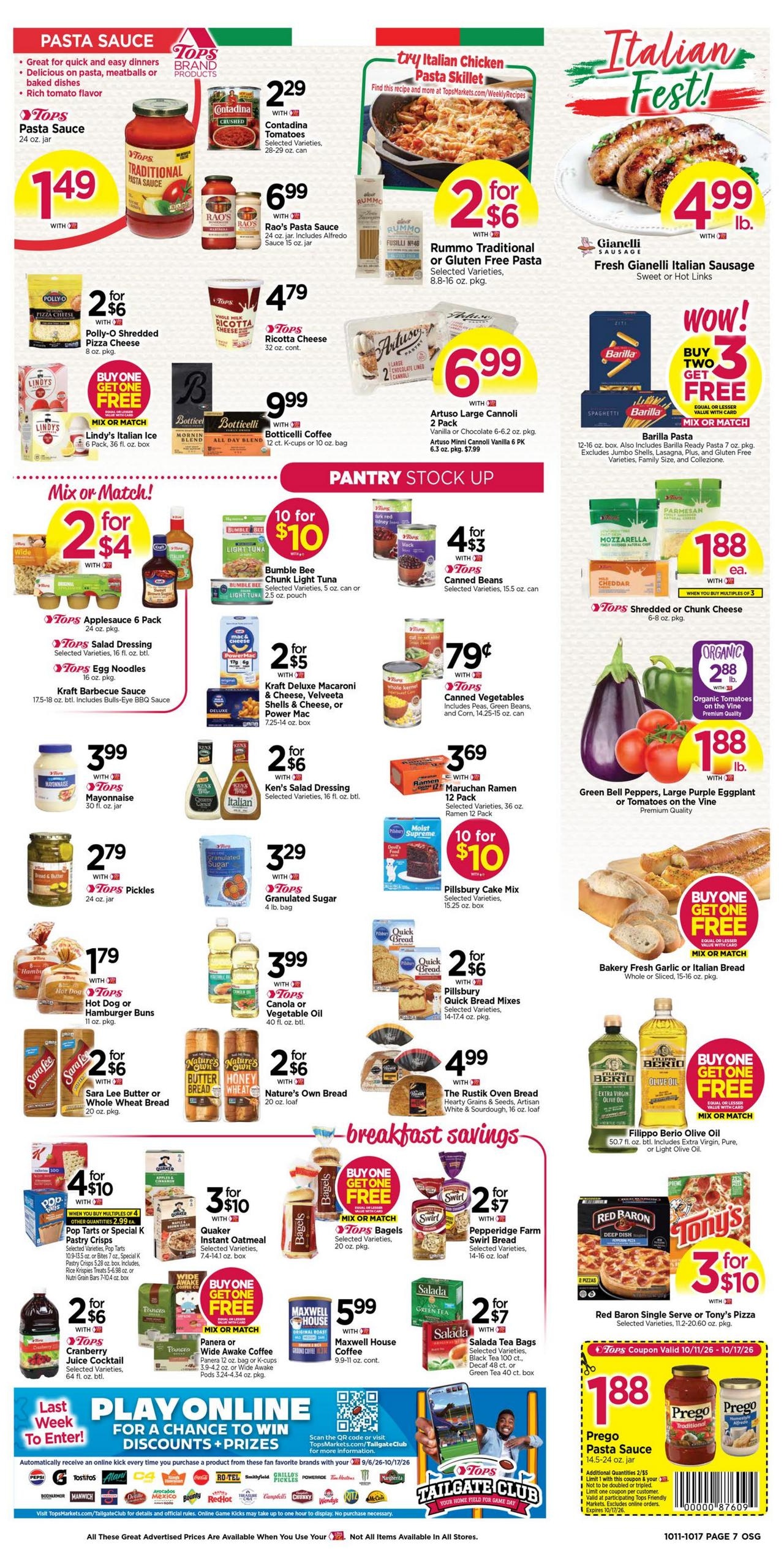 Tops Friendly Markets (Findley Lake Area, NY) Weekly Ad October 11 - 17, 2026