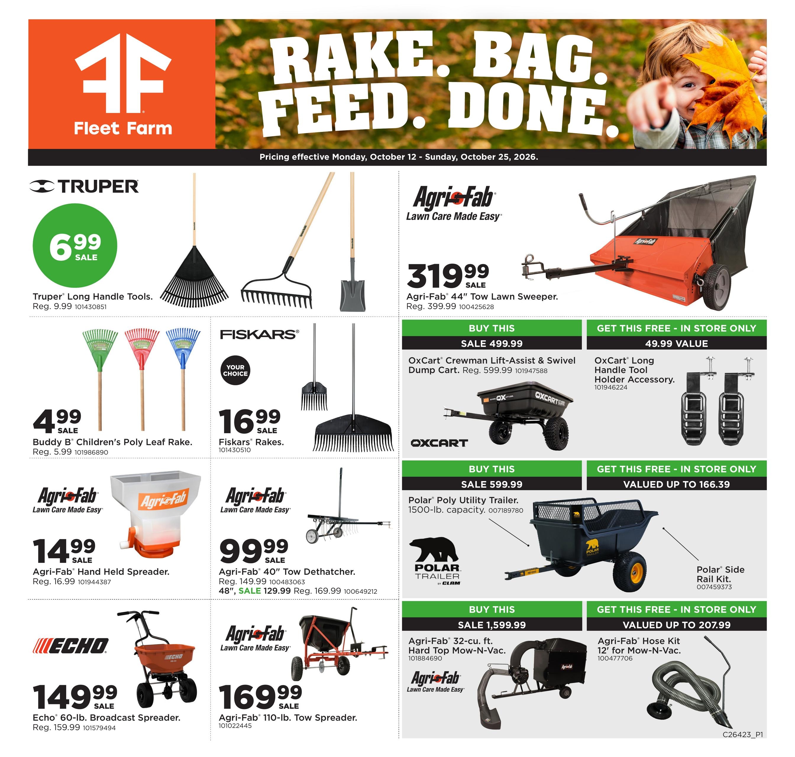 Fleet Farm Rake.Bag.Feed.Done Weekly Ad October 12 - 25, 2026