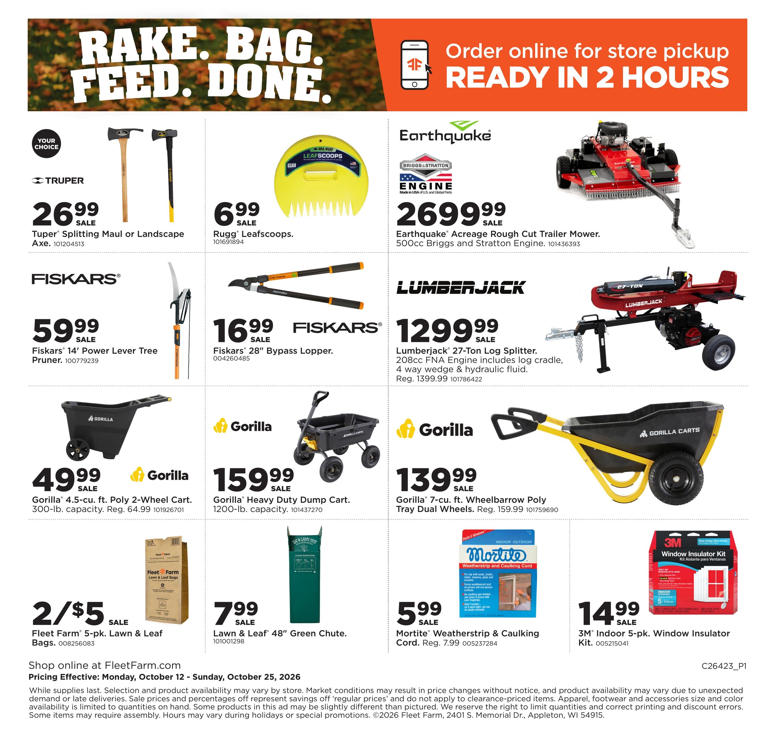 Fleet Farm Rake.Bag.Feed.Done Weekly Ad October 12 - 25, 2026