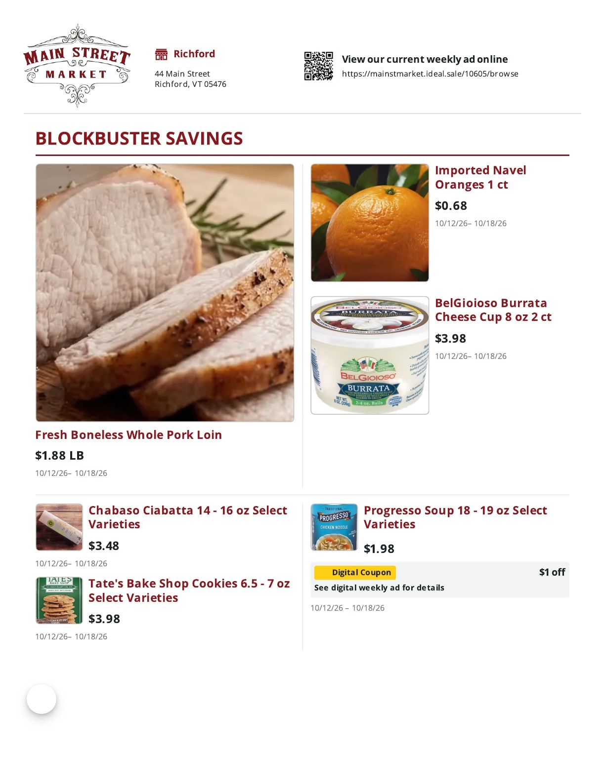 Main Street Market Weekly Ad October 12 - 18, 2026