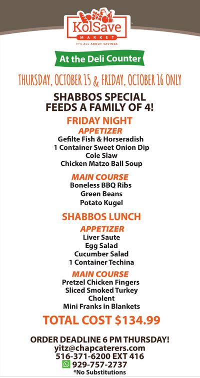 KolSave Market Deli Shabbos Specials Weekly Ad October 15 - 16, 2026