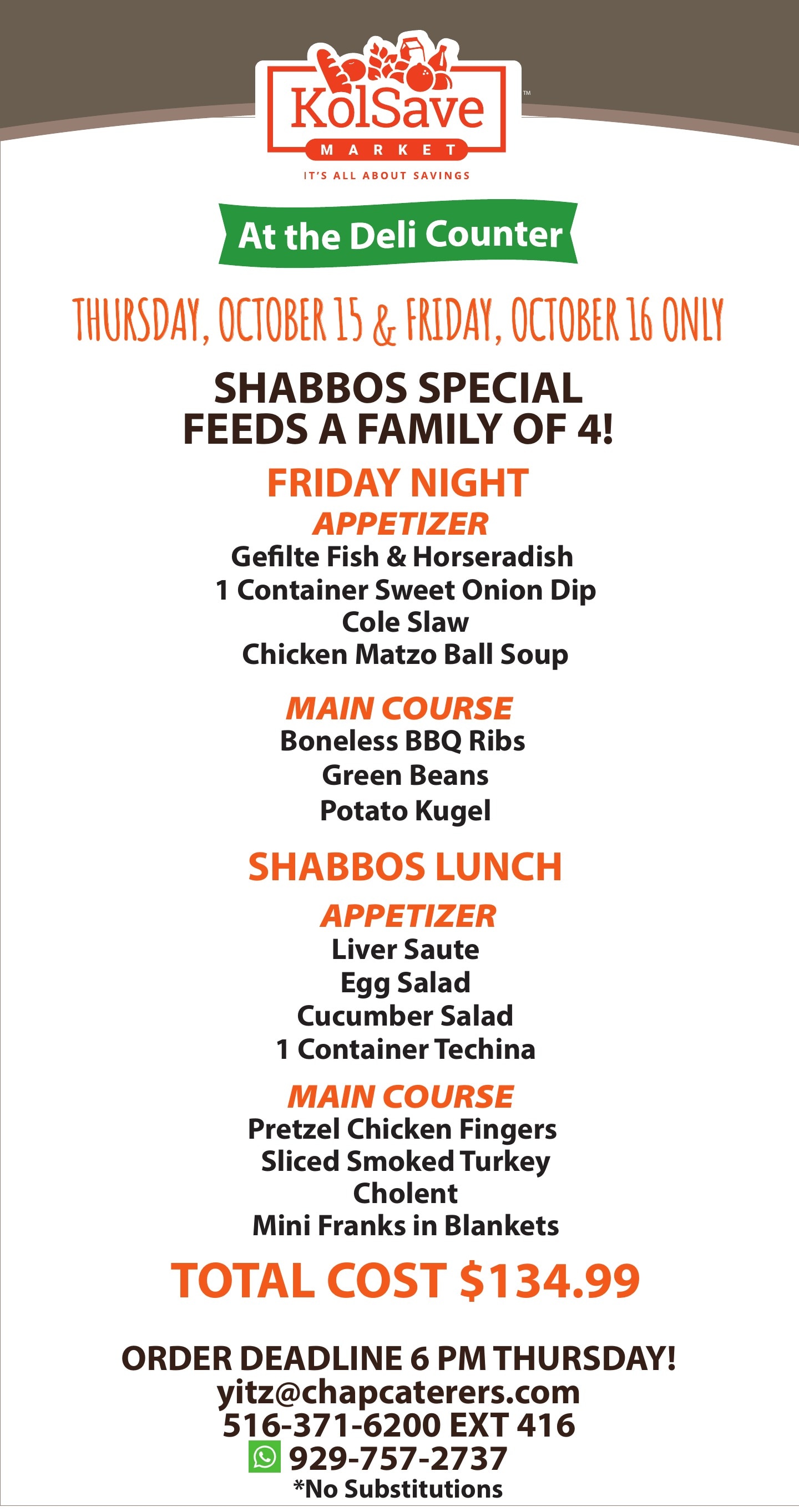 KolSave Market Deli Shabbos Specials Weekly Ad October 15 - 16, 2026