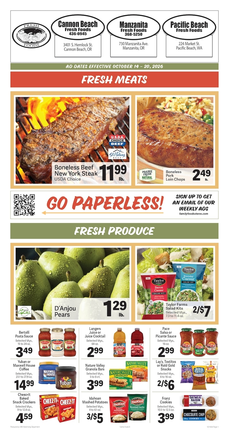 Fresh Foods Manzanita Weekly Ad October 14 - 20, 2026