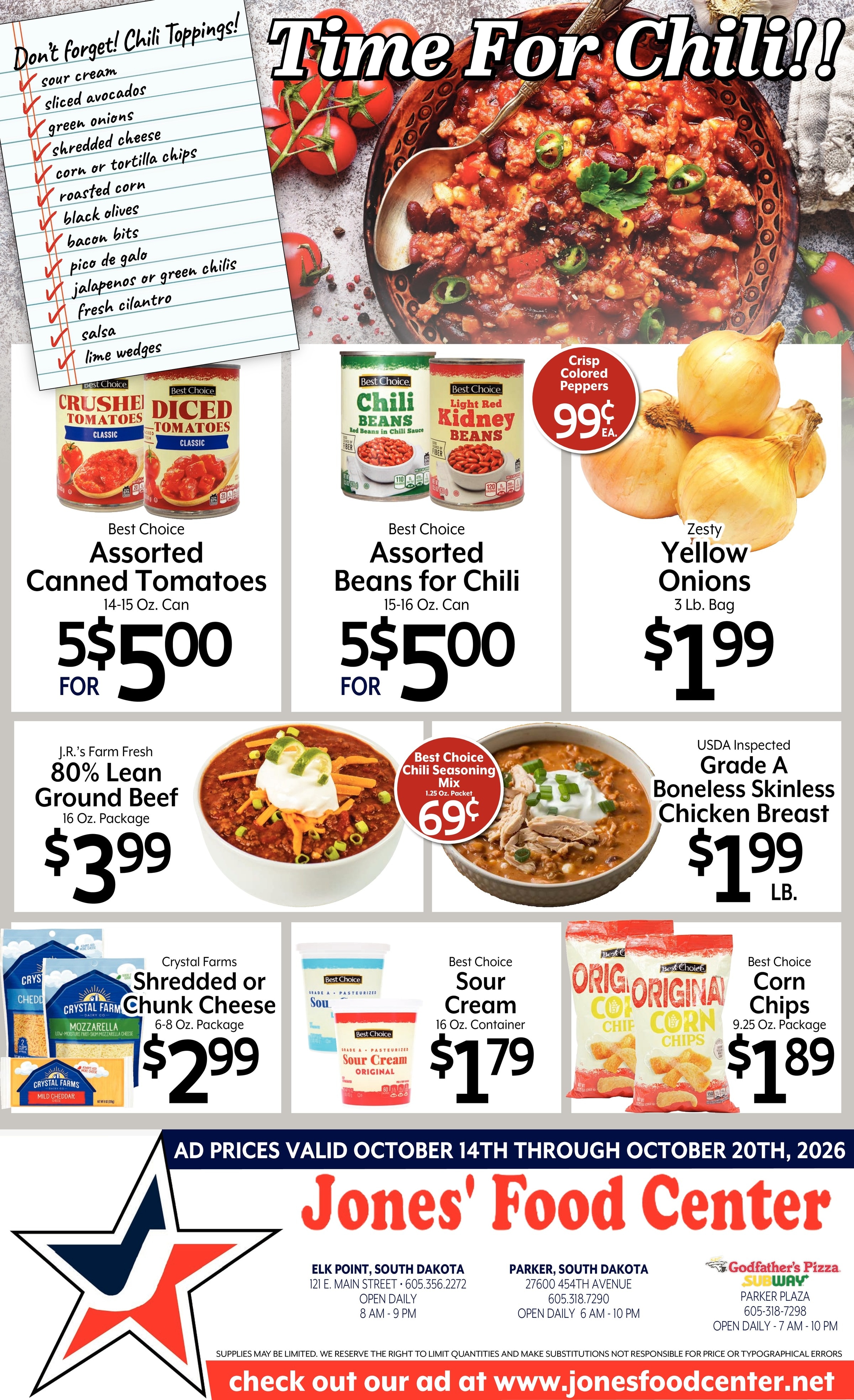 Jones' Food Center Time For Chili!! Weekly Ad October 14 - 20, 2026