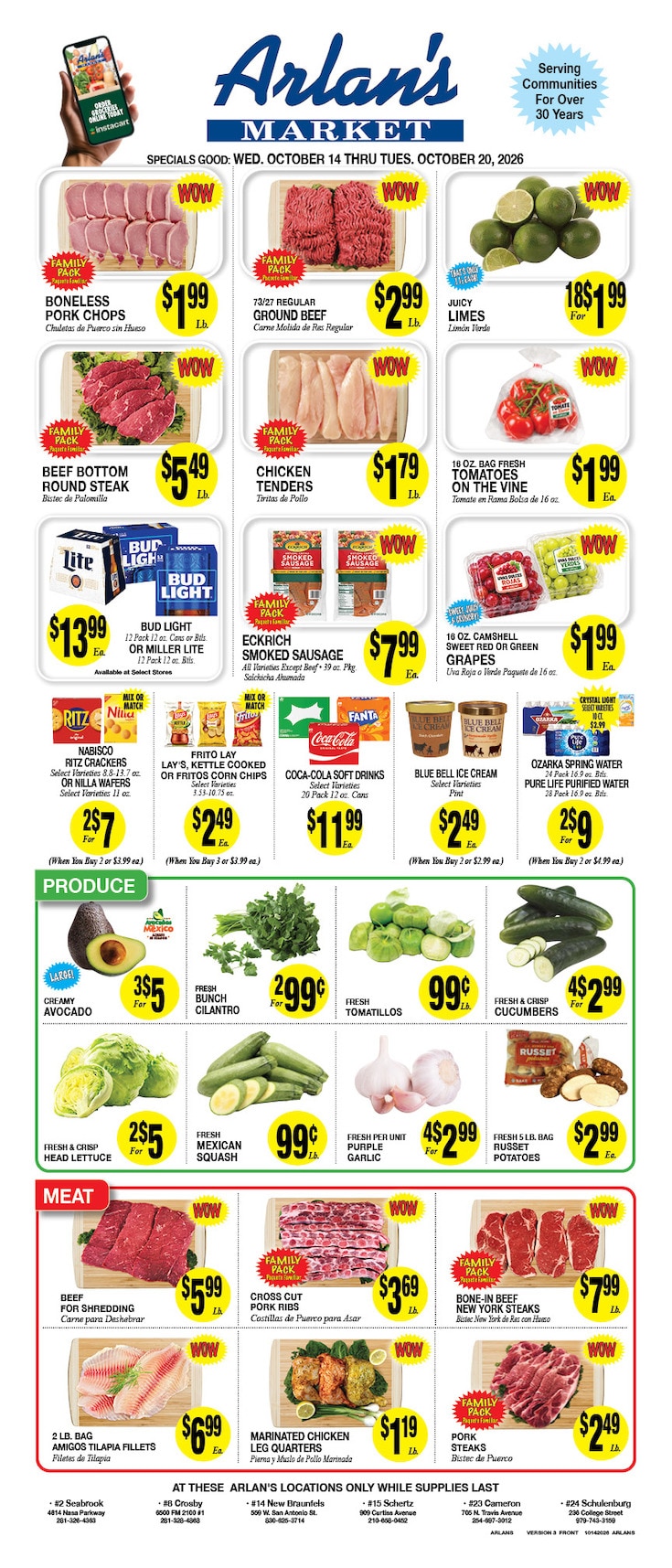 Arlan's Market (Cameron and other locations, TX) Weekly Ad October 14 - 20, 2026