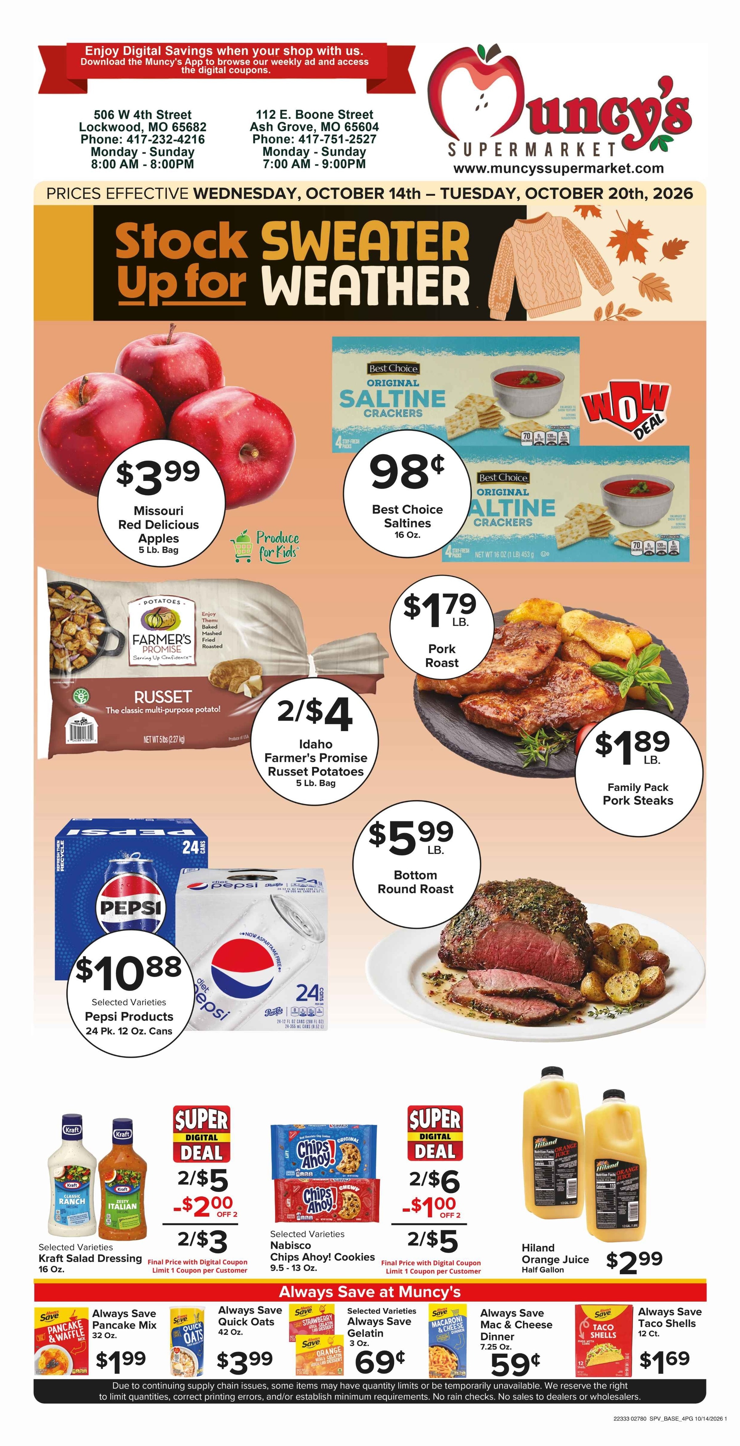 Muncy's Supermarket Stock Up for Sweater Weather Weekly Ad October 14 - 20, 2026