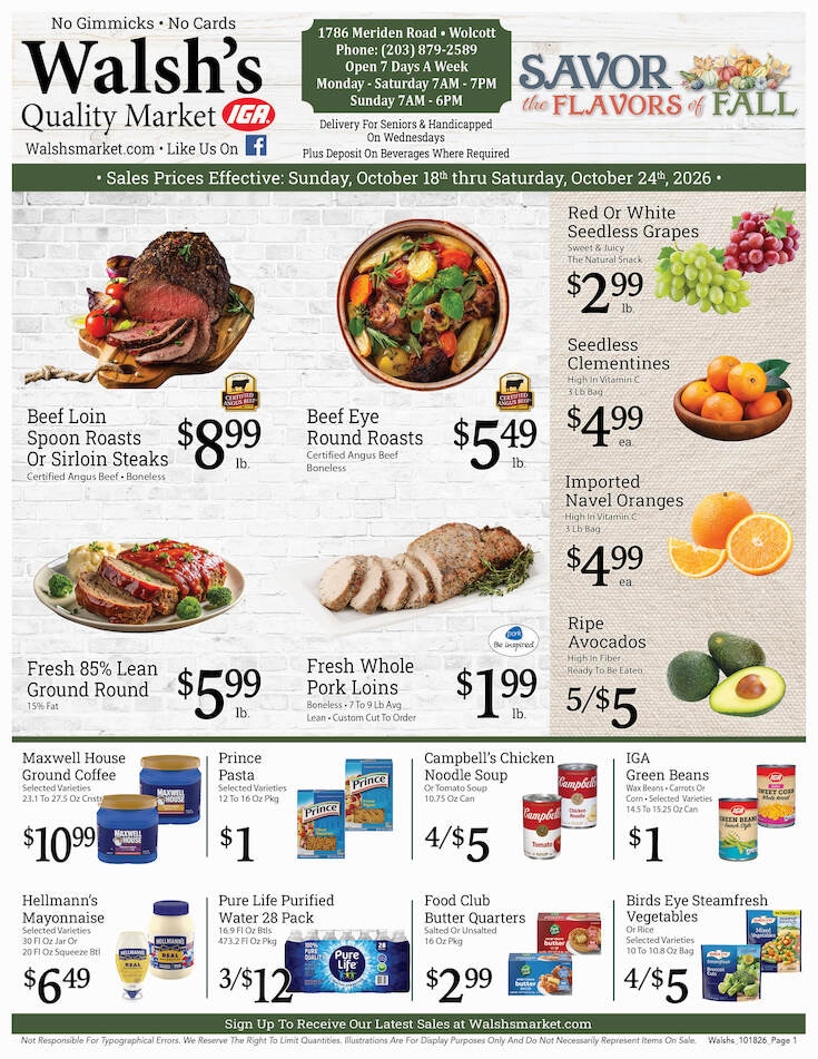 Walsh's Quality Market IGA Weekly Ad October 18 - 24, 2026
