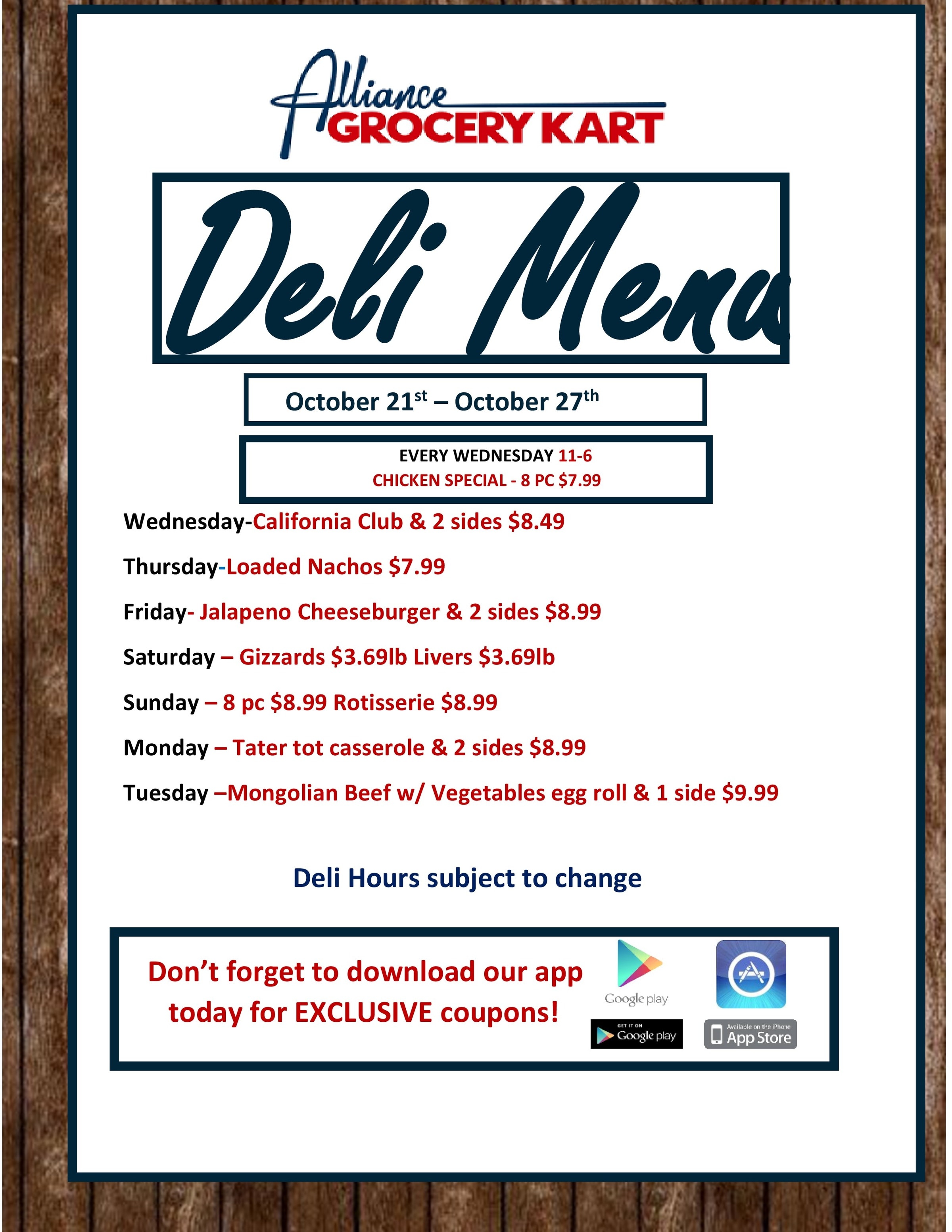 Alliance Grocery Kart Deli Menu Weekly Ad October 21 - 27, 2026