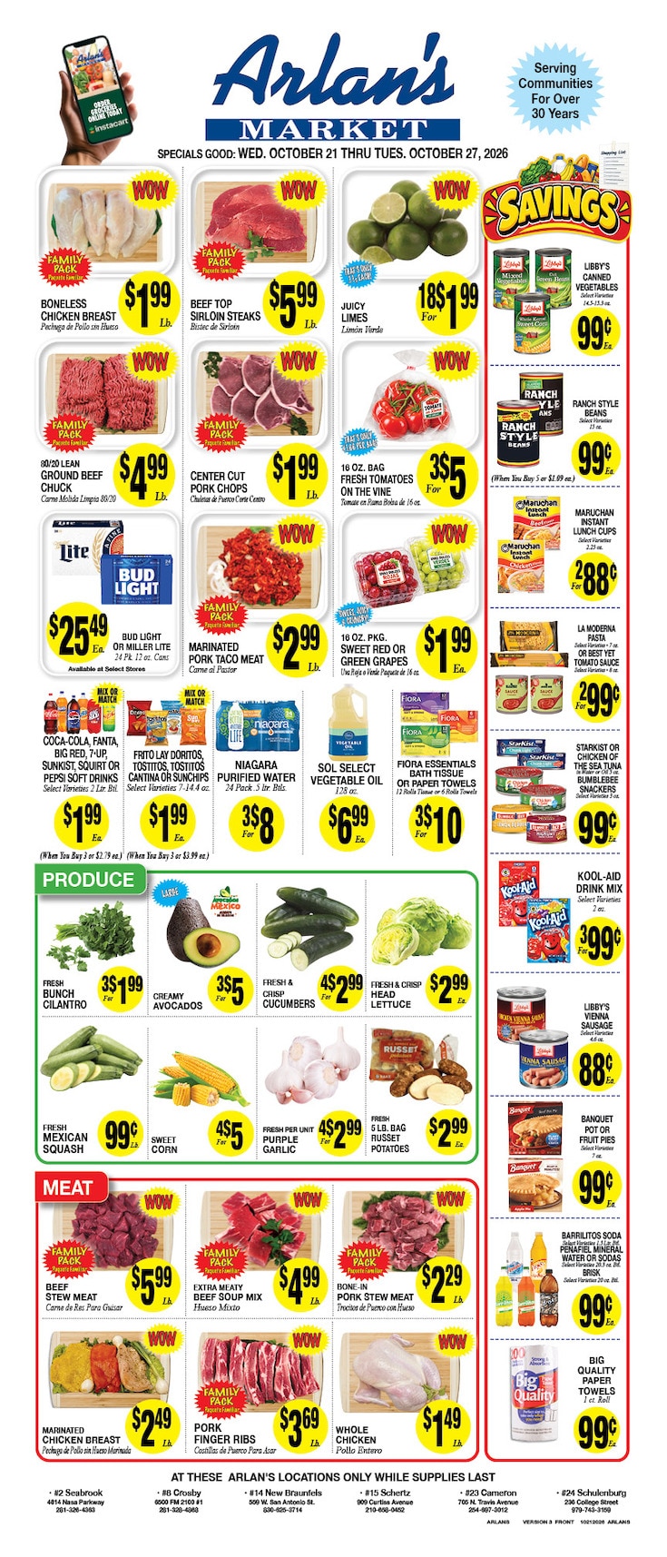 Arlan's Market (Cameron and other locations, TX) Weekly Ad October 21 - 27, 2026