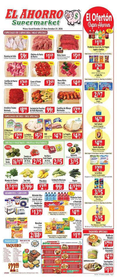 El Ahorro Supermarket (Bellaire Area, TX) Weekly Ad October 21 - 27, 2026